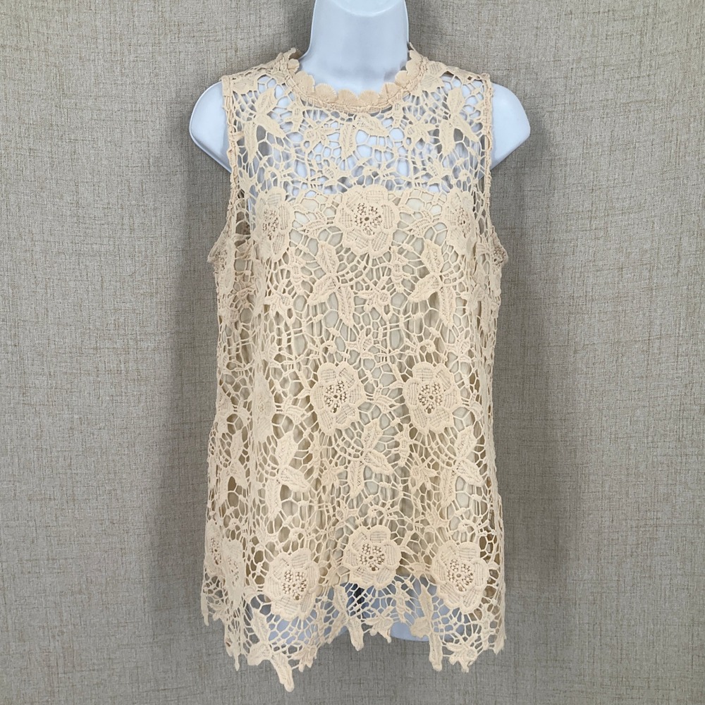 Apricot Crochet Lace Top Women 6 Beige Floral Boho High Neck Victorian Ethereal - Picture 1 of 7